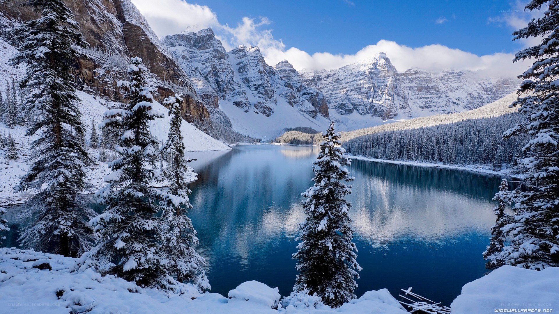 Snowy mountain lake landscape
