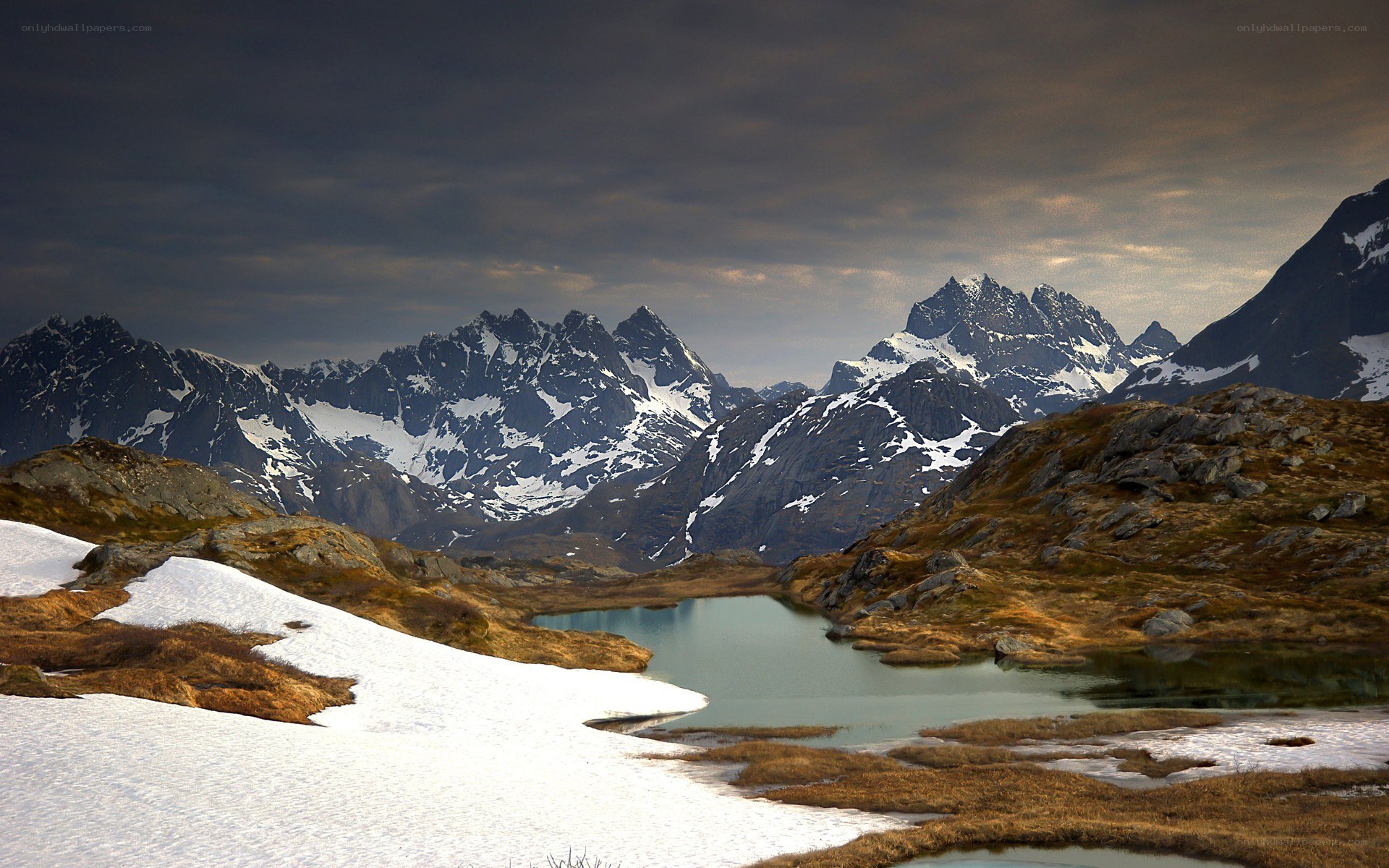 Snowy mountain lake landscape
