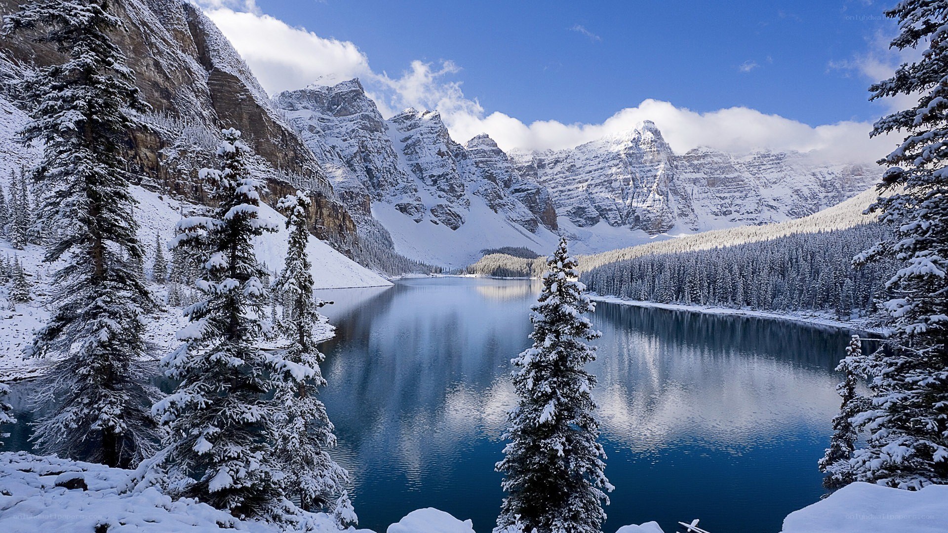 Snowy mountain lake landscape