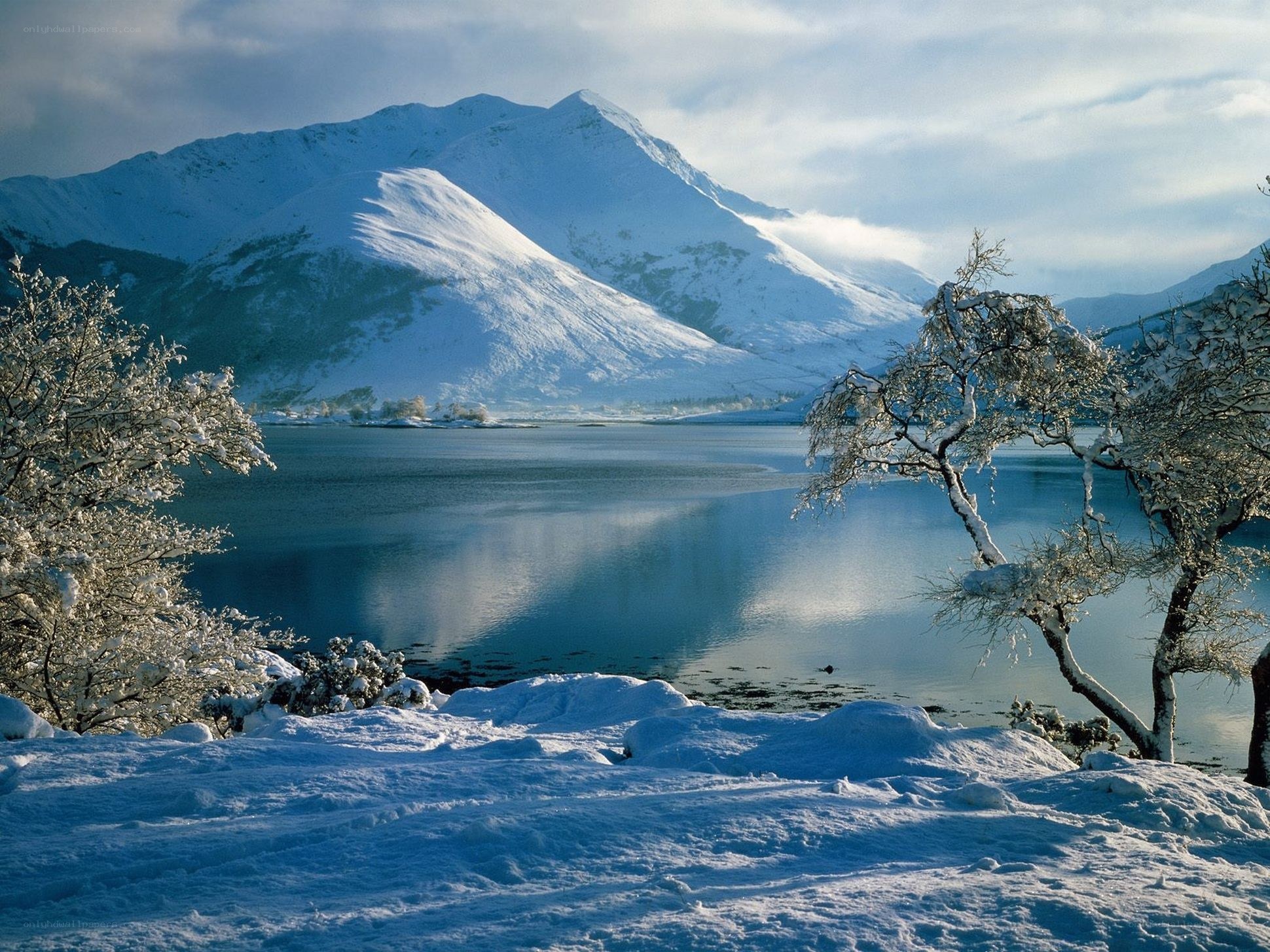 Snowy mountain lake landscape