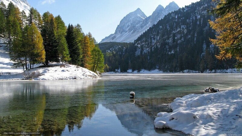 Snowy mountain lake landscape