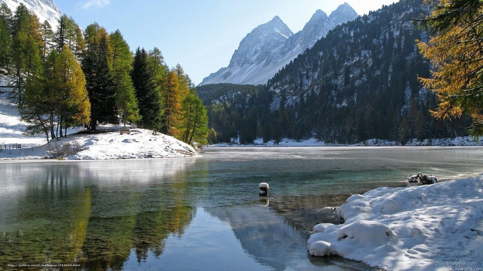 Snowy mountain lake landscape