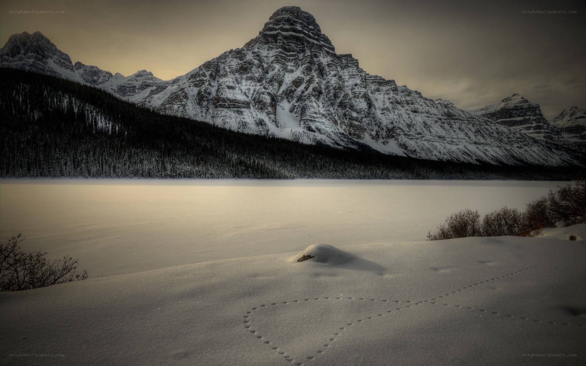 Snowy mountain lake landscape