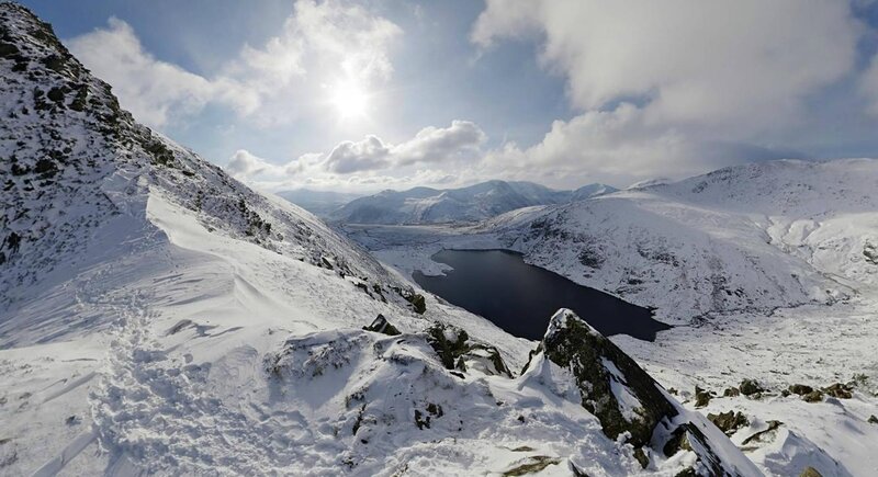 Snowy mountain lake landscape