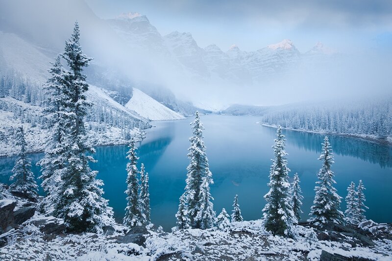 Snowy mountain lake landscape