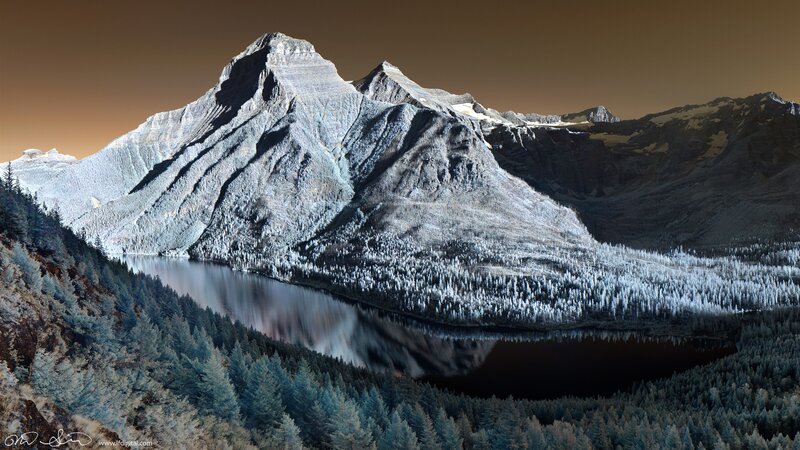Snowy mountain lake landscape