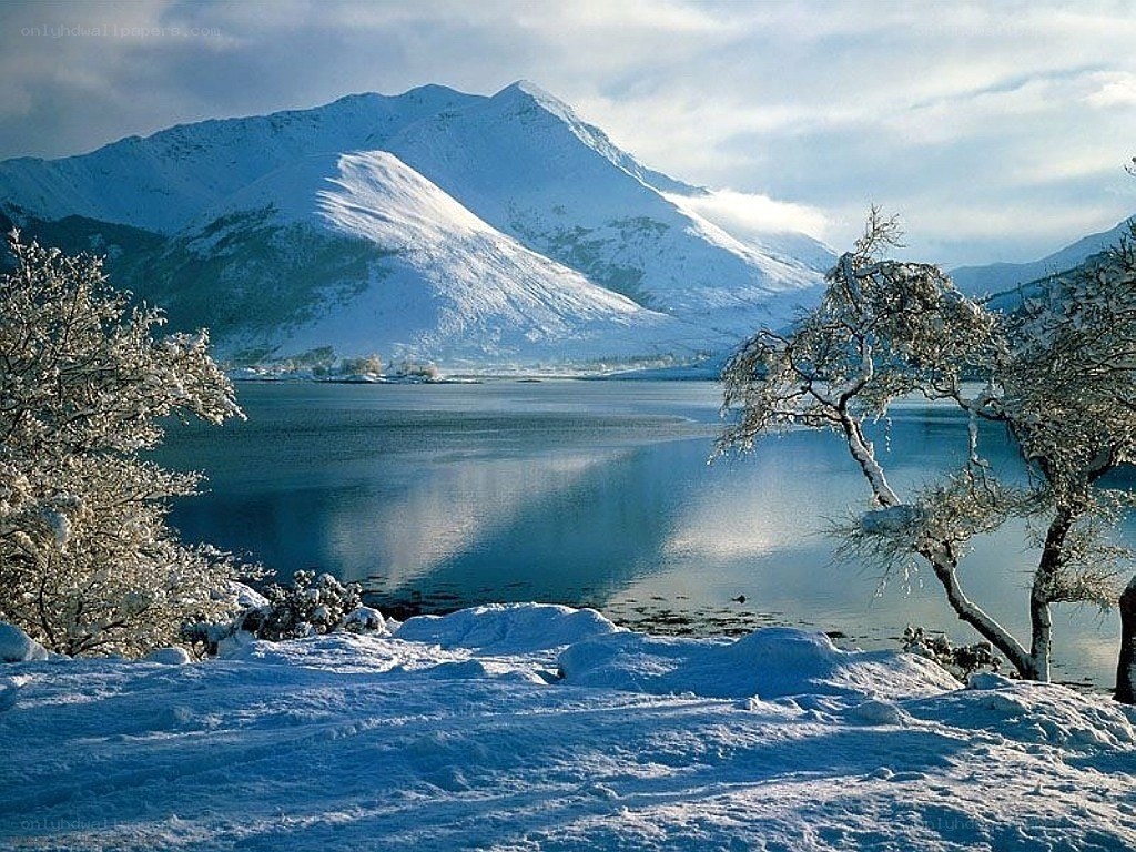 Snowy mountain lake landscape