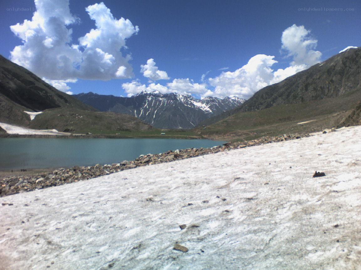 Snowy mountain lake landscape