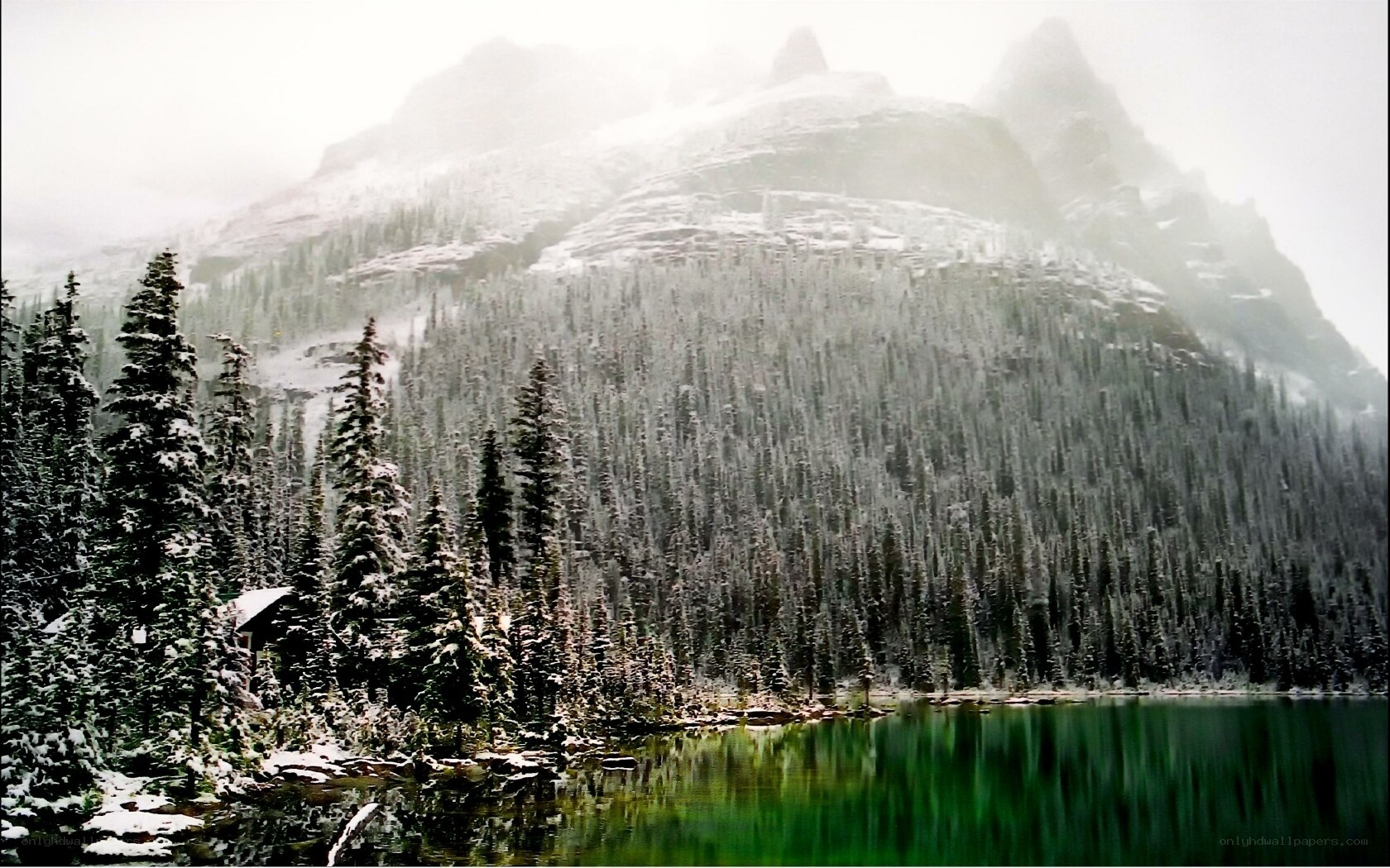 Snowy mountain lake landscape
