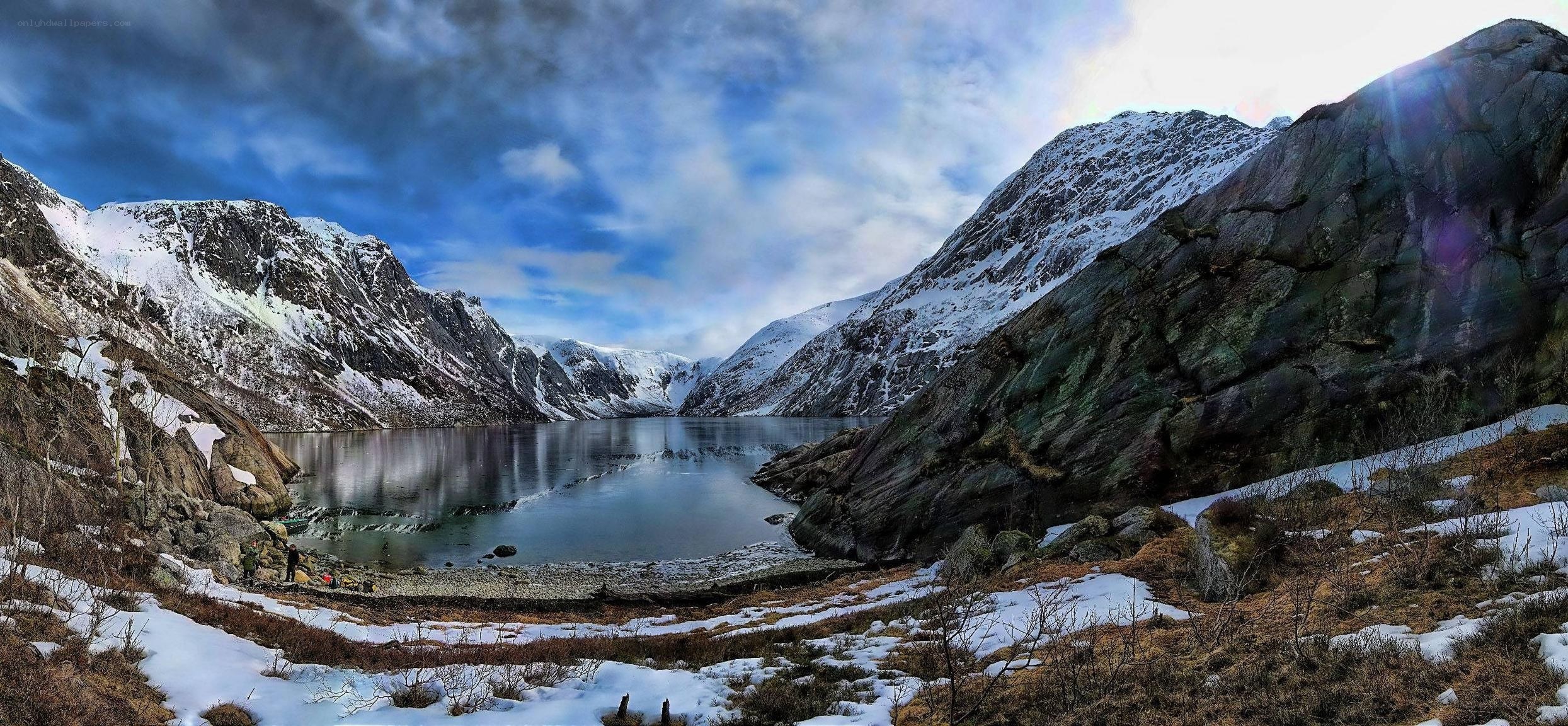 Snowy mountain lake panorama