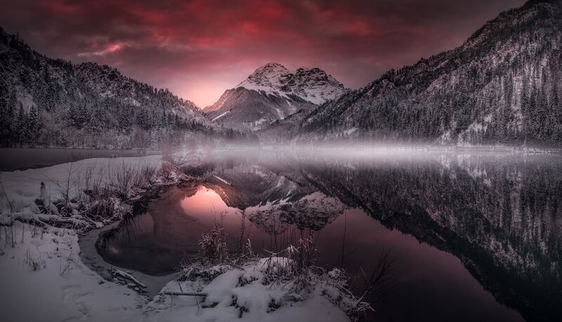Snowy Mountain Lake — Red, Dramatic