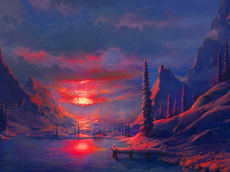 Snowy Mountain Lake — Red