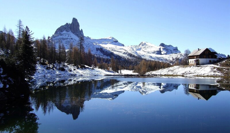 Snowy mountain lake reflection