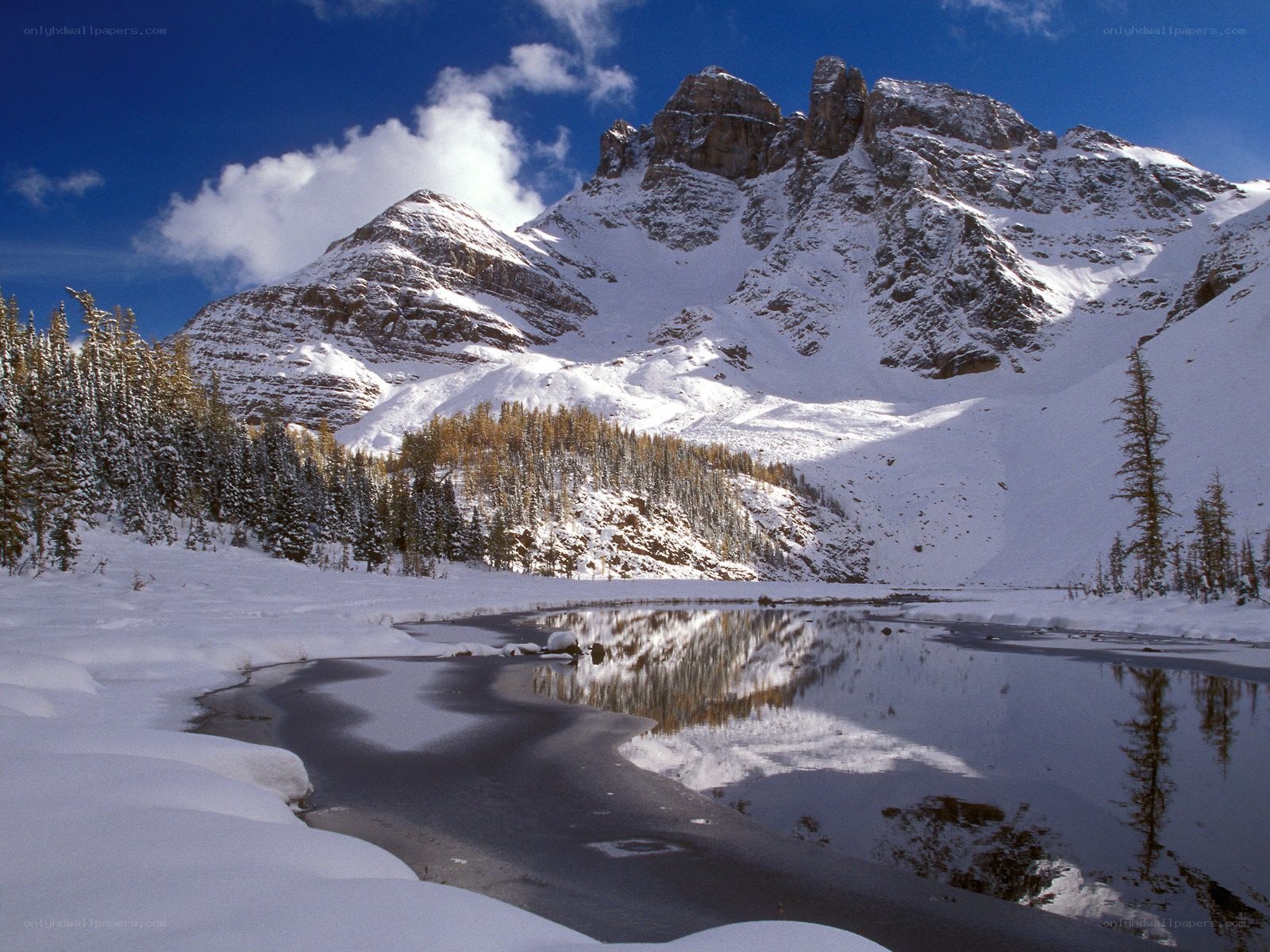 Snowy mountain lake reflection
