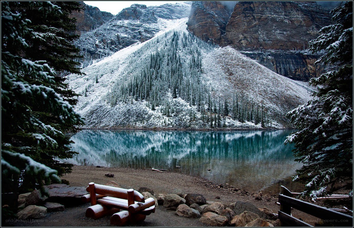 Snowy mountain lake scene