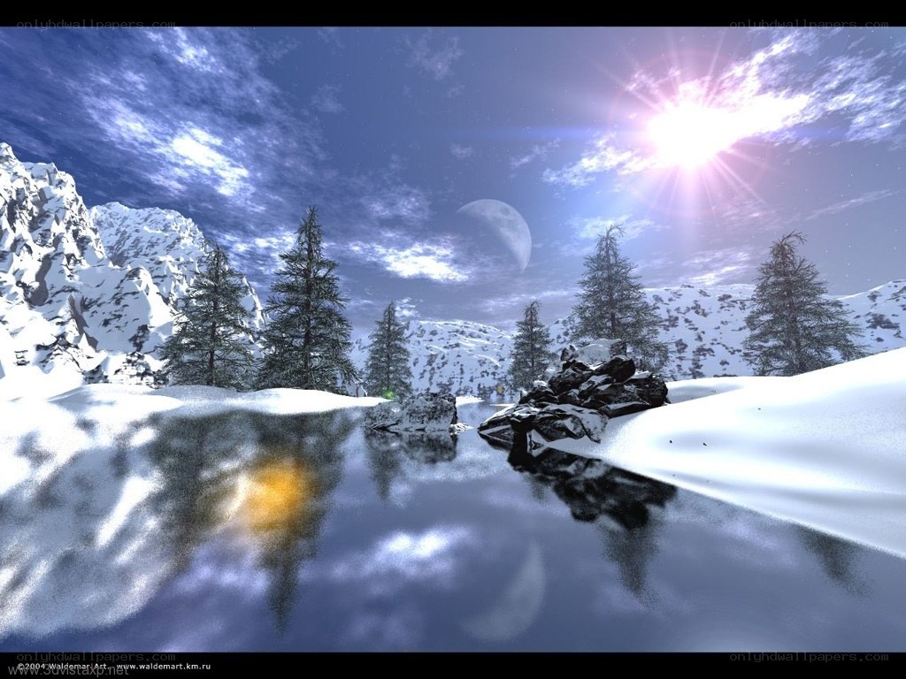 Snowy mountain lake scene