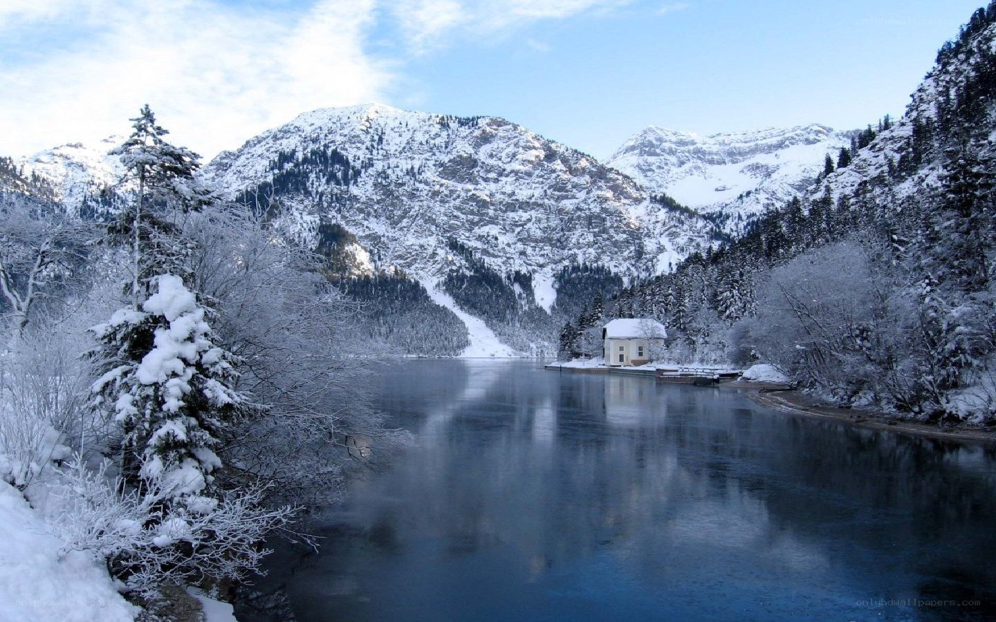 Snowy mountain lake scene