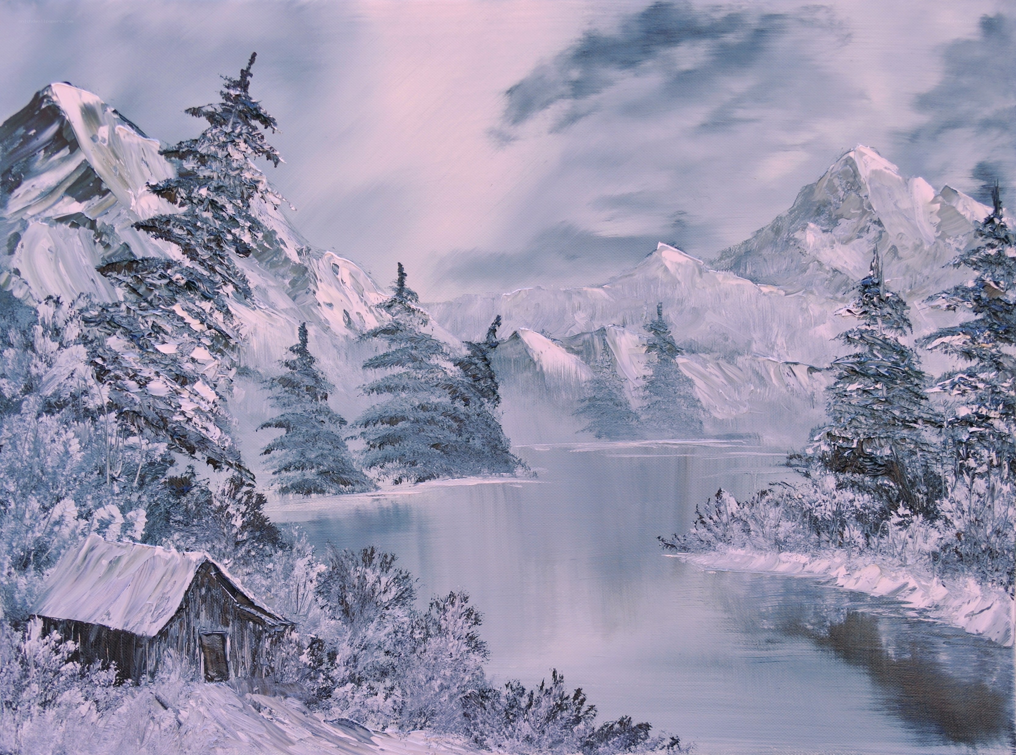 Snowy mountain lake scene