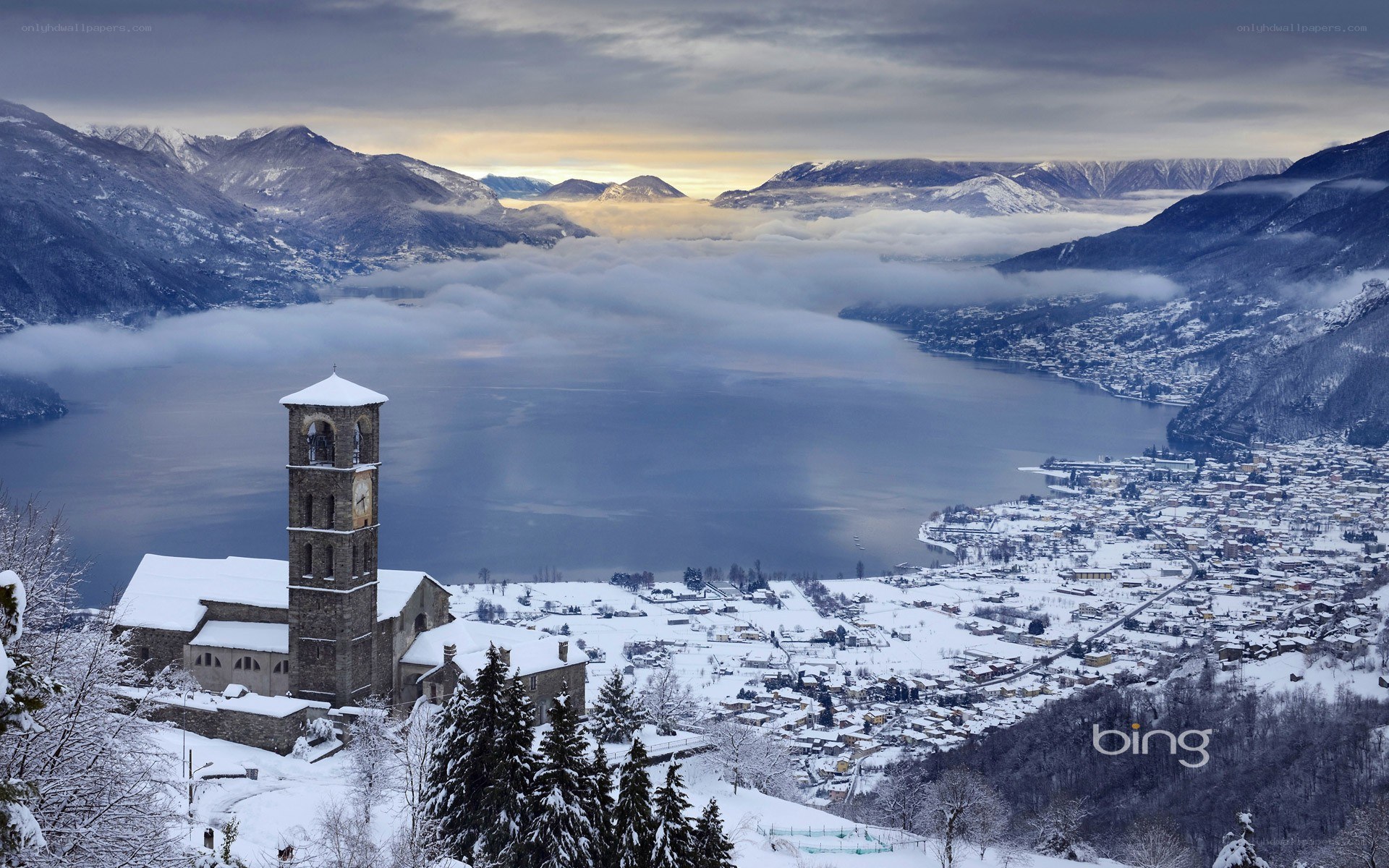 Snowy mountain lake village