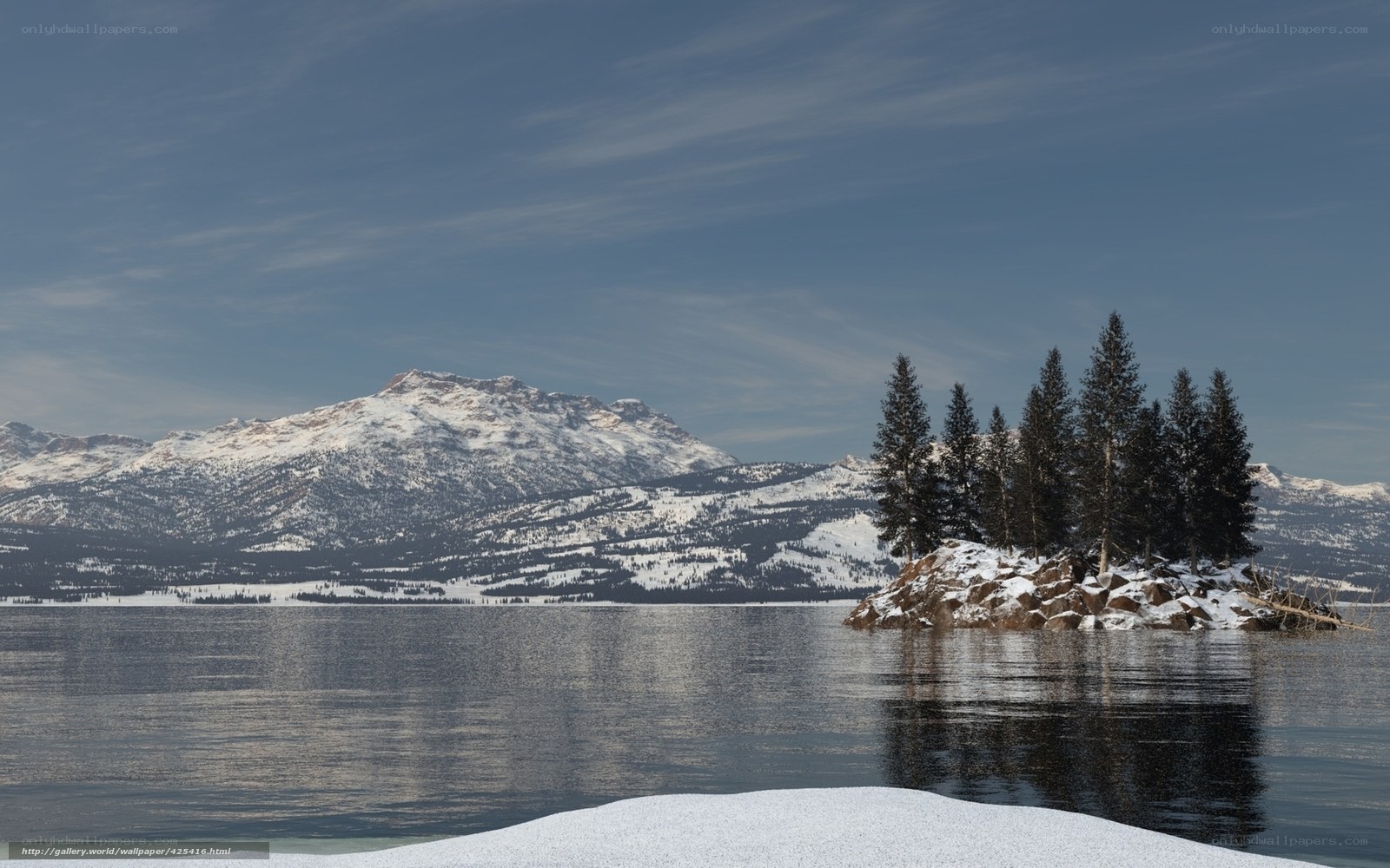 Snowy mountain lake with island