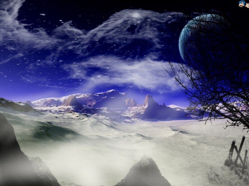 Snowy mountain landscape at night
