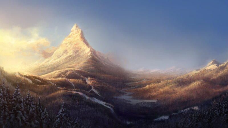 Snowy mountain landscape at sunrise