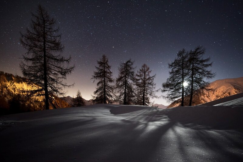 Snowy Mountain Landscape — Black, Serene, Night, Photograph