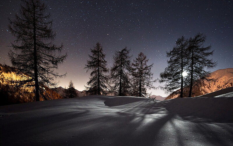 Snowy Mountain Landscape — Black, Serene, Night