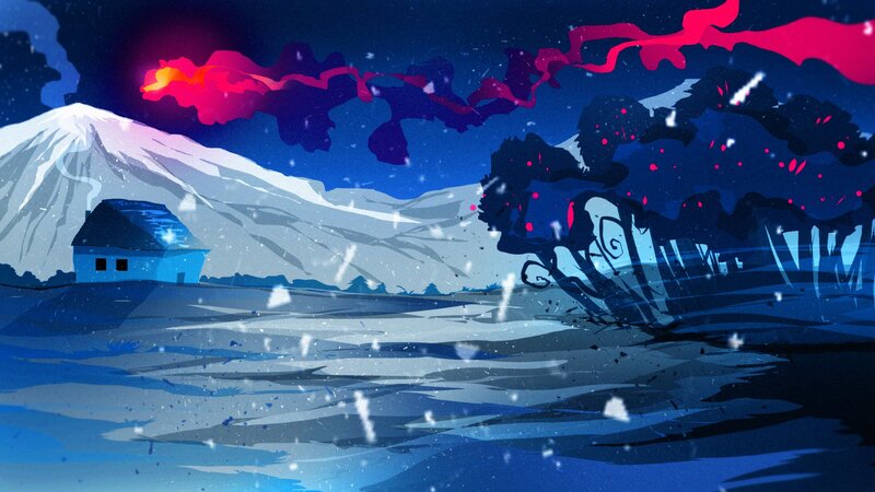 Snowy Mountain Landscape — Blue, Dramatic, Night, Digital Art, House
