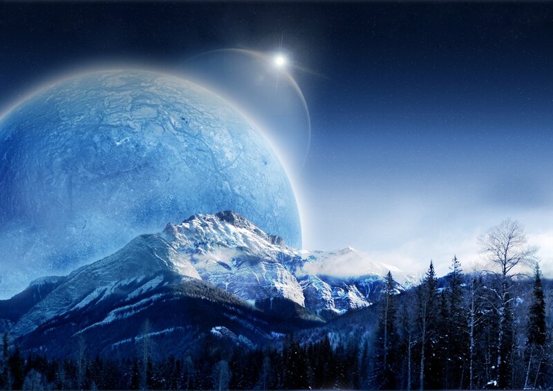 Snowy Mountain Landscape — Blue, Dramatic, Night, Digital Art