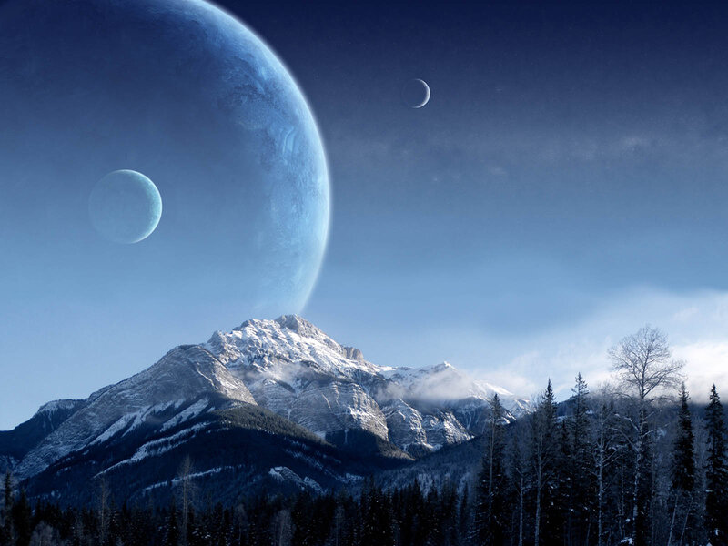 Snowy Mountain Landscape — Blue, Dramatic, Night, Digital Art, Trees