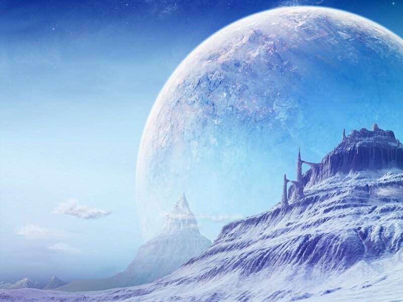 Snowy Mountain Landscape — Blue, Serene, Digital Art