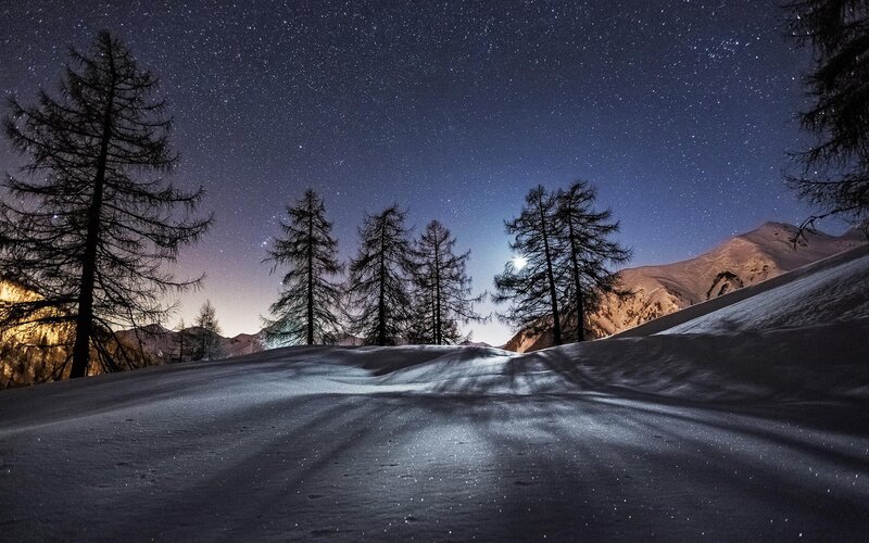 Snowy Mountain Landscape — Blue, Serene, Night, Photograph