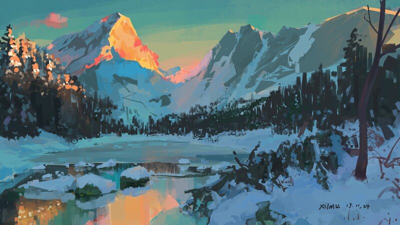 Snowy Mountain Landscape — Blue, Serene, Sunset