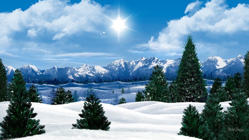 Snowy Mountain Landscape — Blue, Serene, Winter, Digital Art, Mountains, Trees