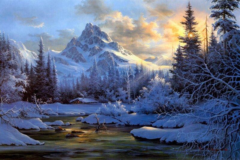 Snowy Mountain Landscape — Blue, Serene, Winter, Painting