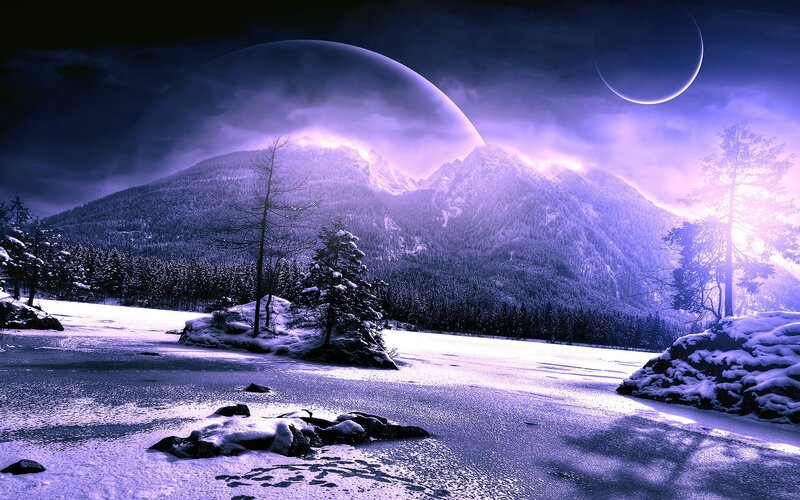 Snowy Mountain Landscape — Purple, Dramatic, Night, Digital Art