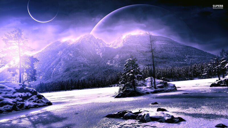 Snowy Mountain Landscape — Purple, Dramatic, Night