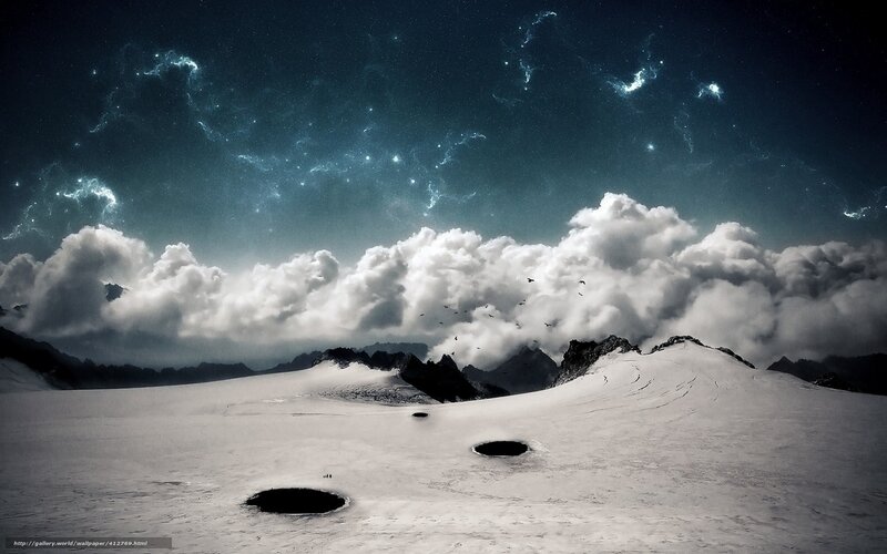 Snowy Mountain Landscape — White, Dramatic, Night, Digital Art, Clouds, Stars