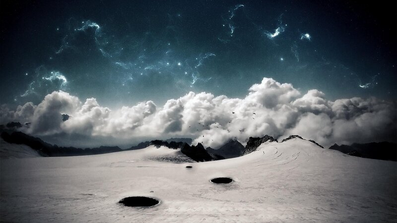 Snowy Mountain Landscape — White, Dramatic, Night, Digital Art