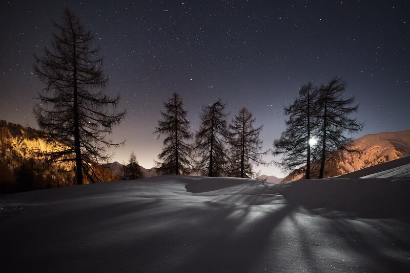 Snowy Mountain Landscape — White, Serene, Night