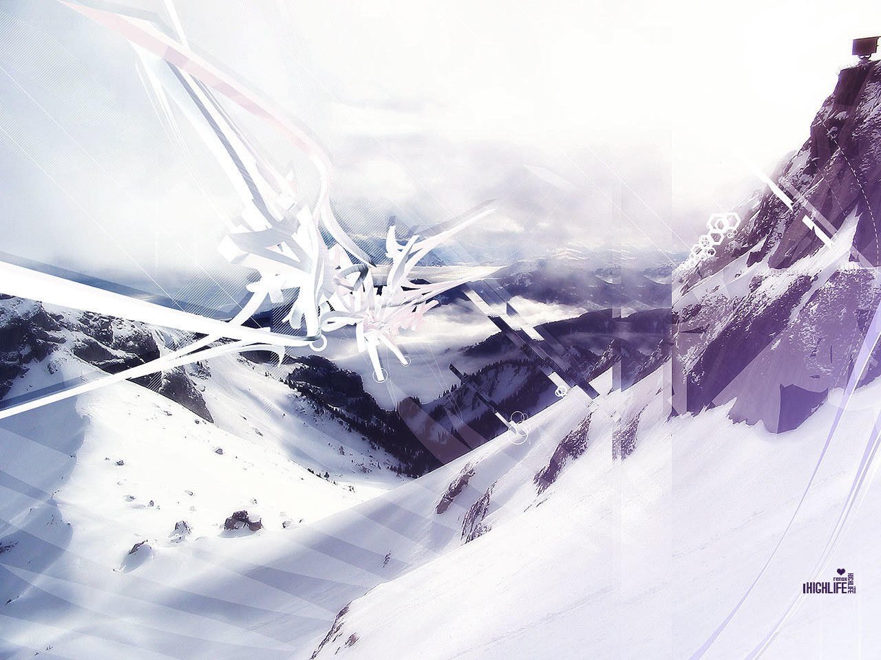 Snowy mountain landscape with abstract art