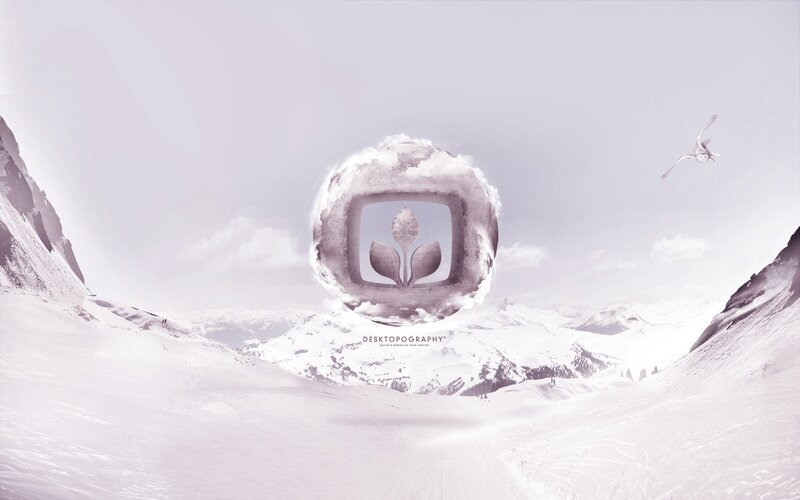 snowy mountain landscape with logo