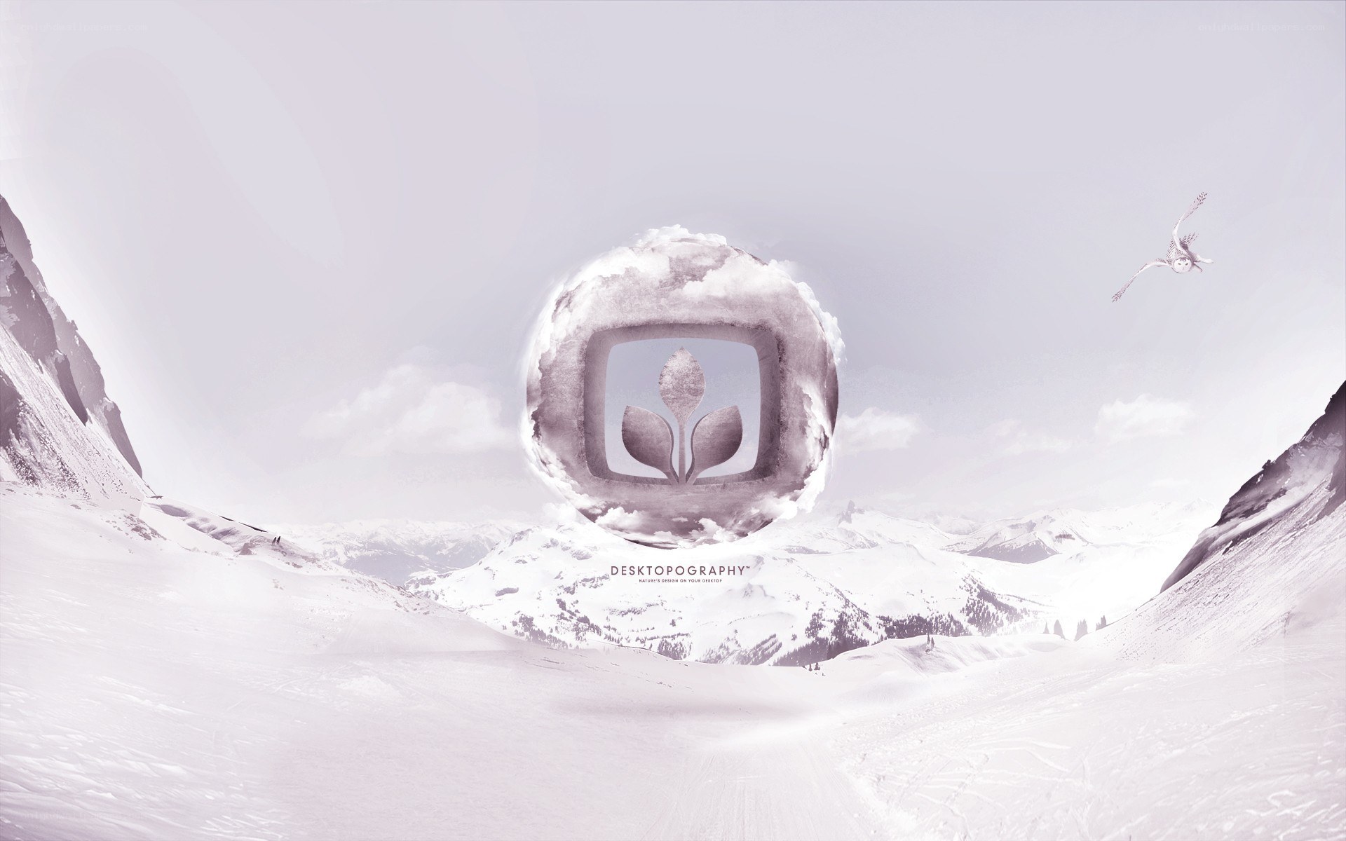 snowy mountain landscape with logo
