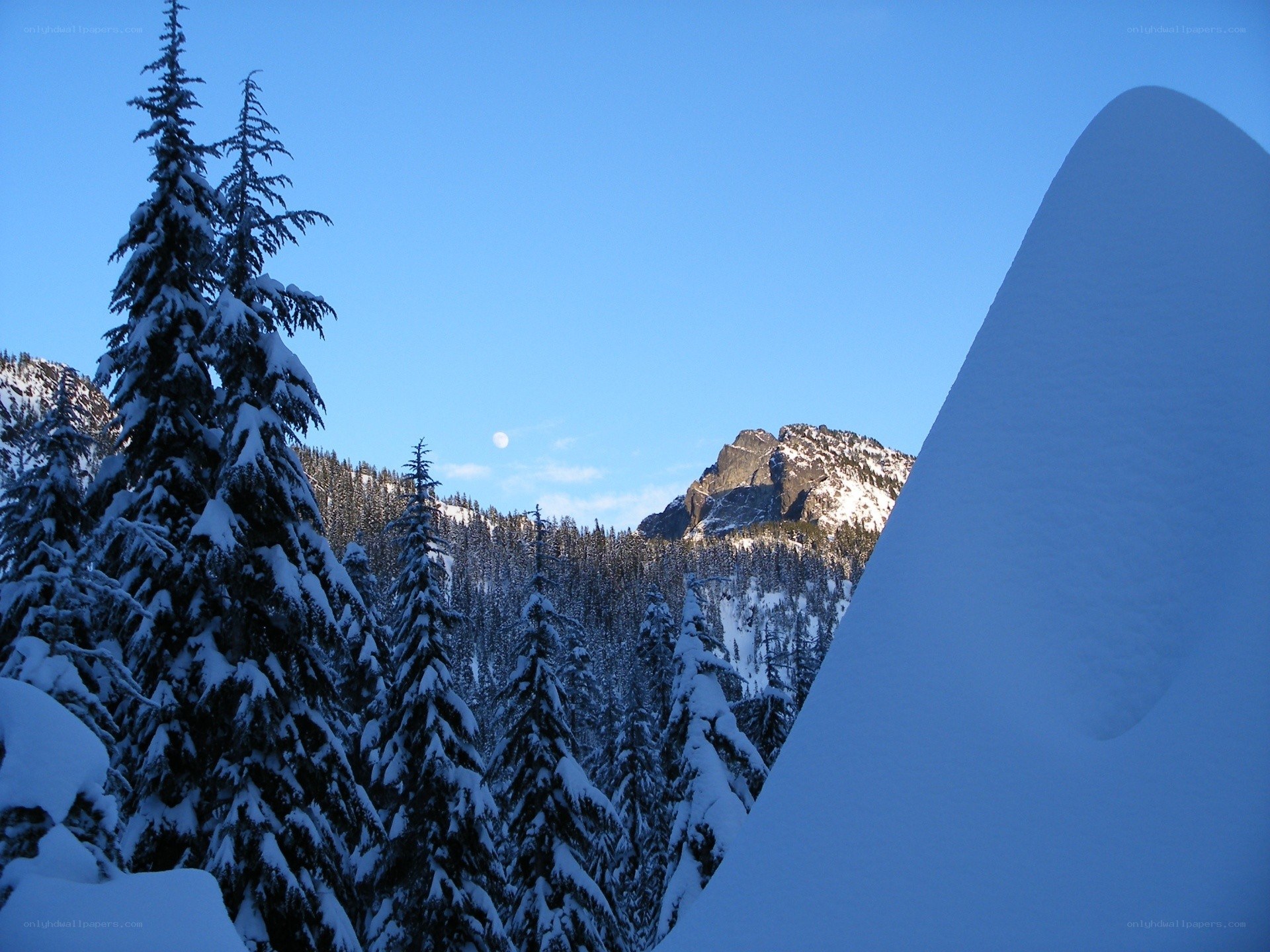 Snowy mountain landscape with moon