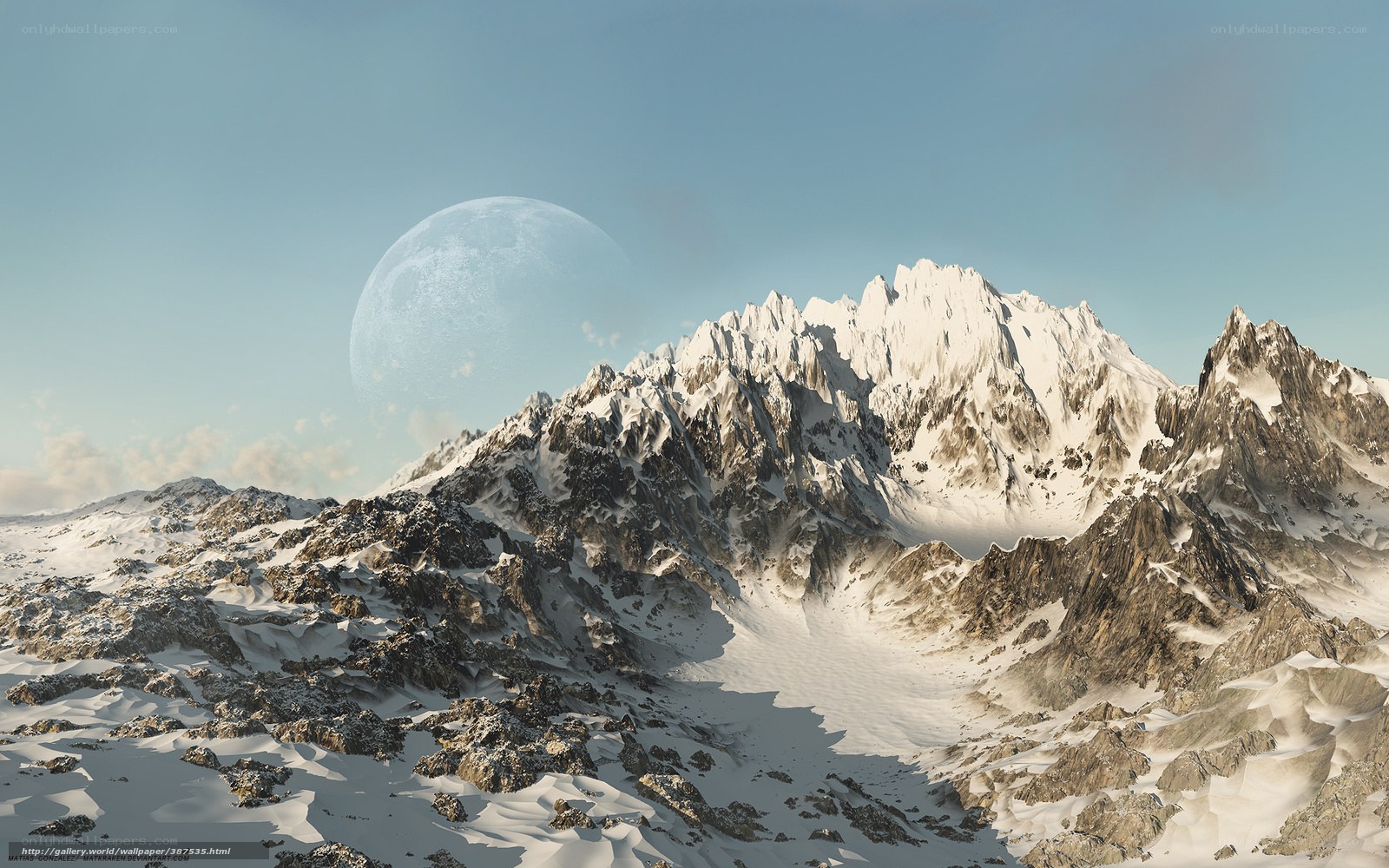 Snowy mountain landscape with moon