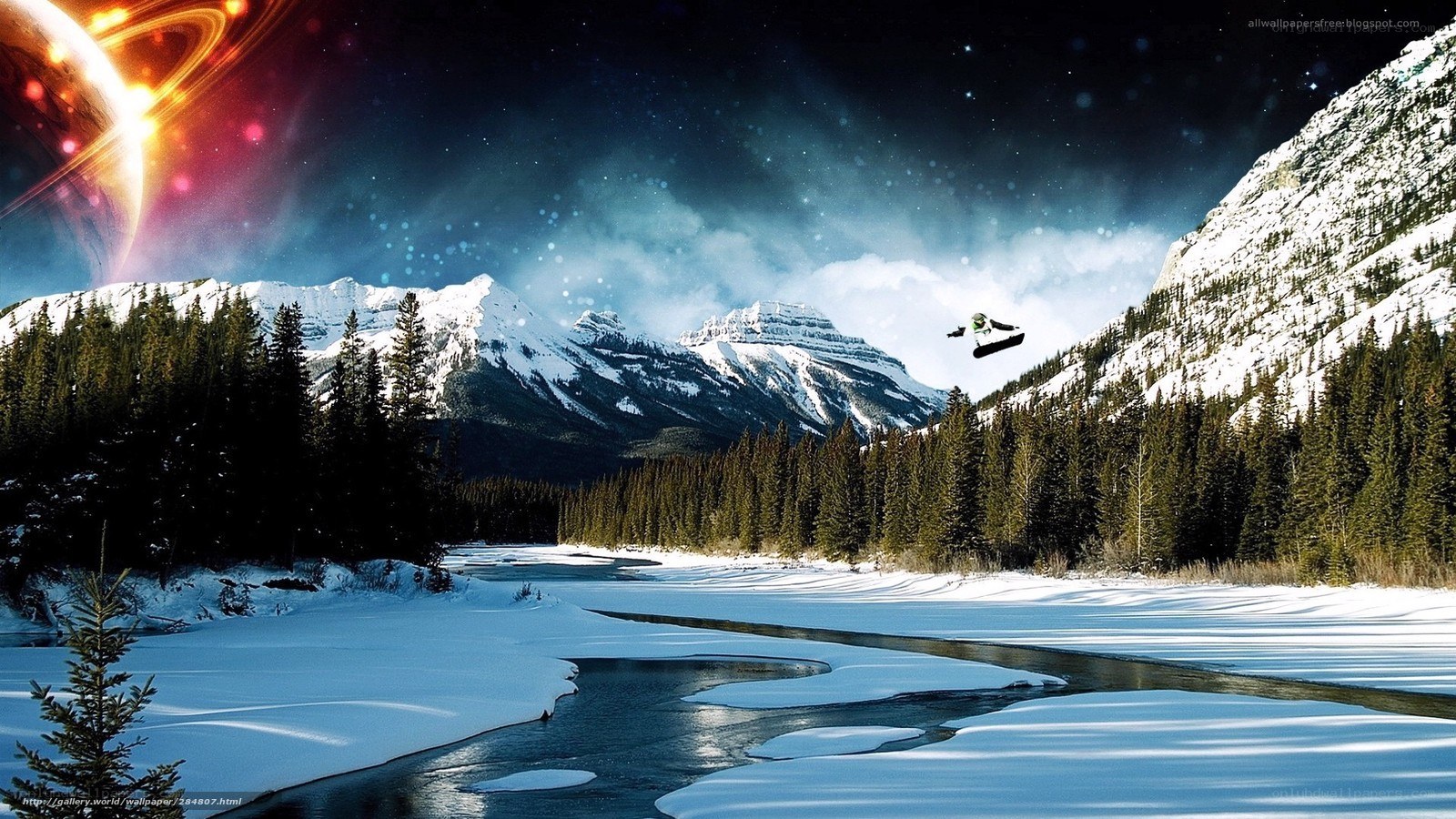Snowy mountain landscape with planet