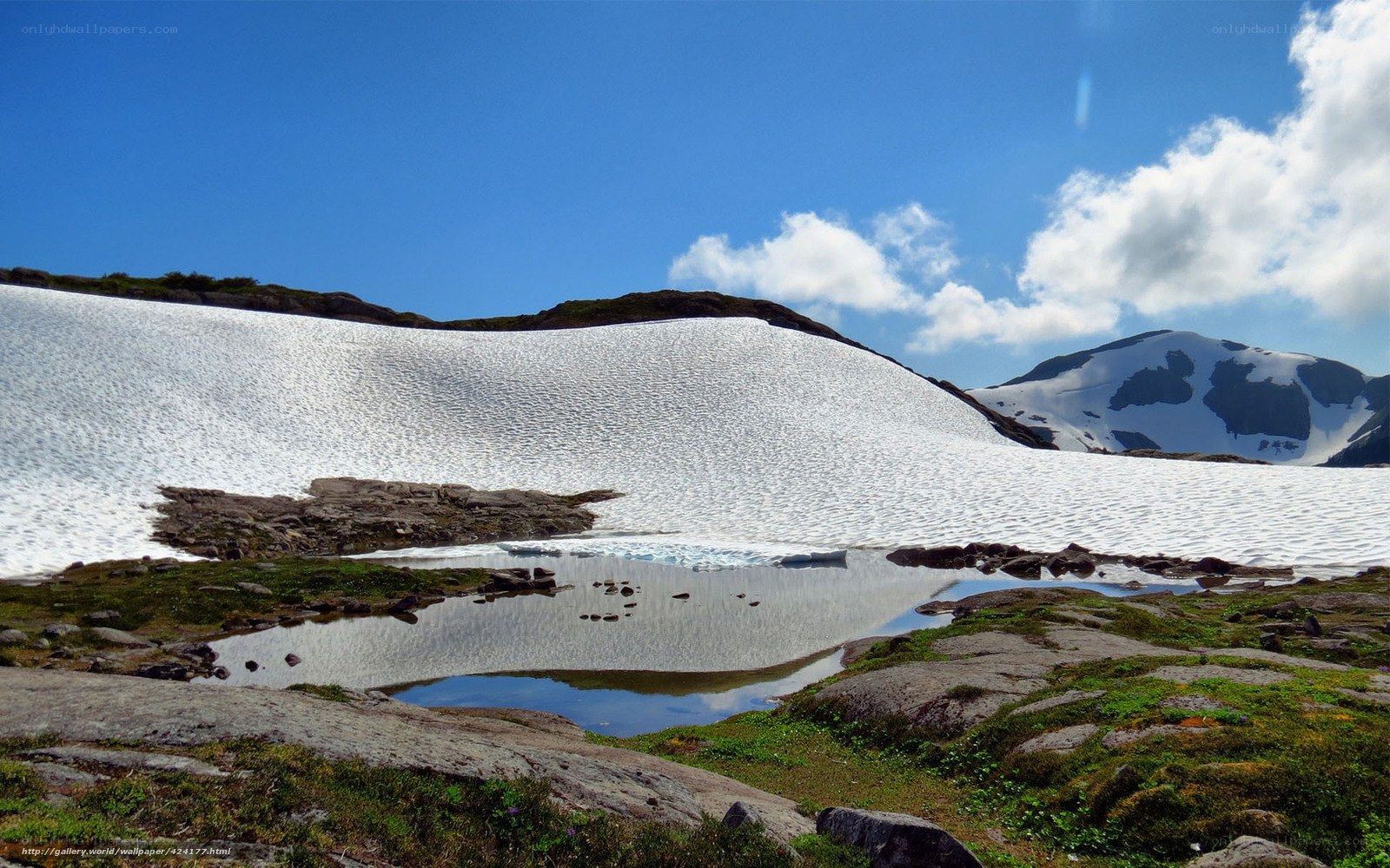 Snowy mountain landscape with pond