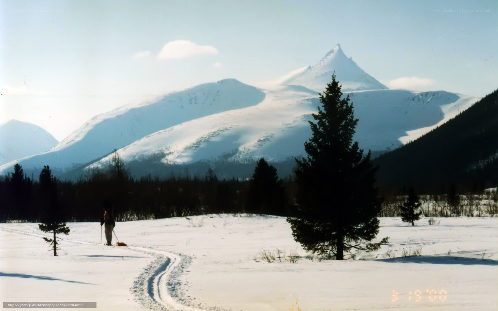 Snowy mountain landscape with skier