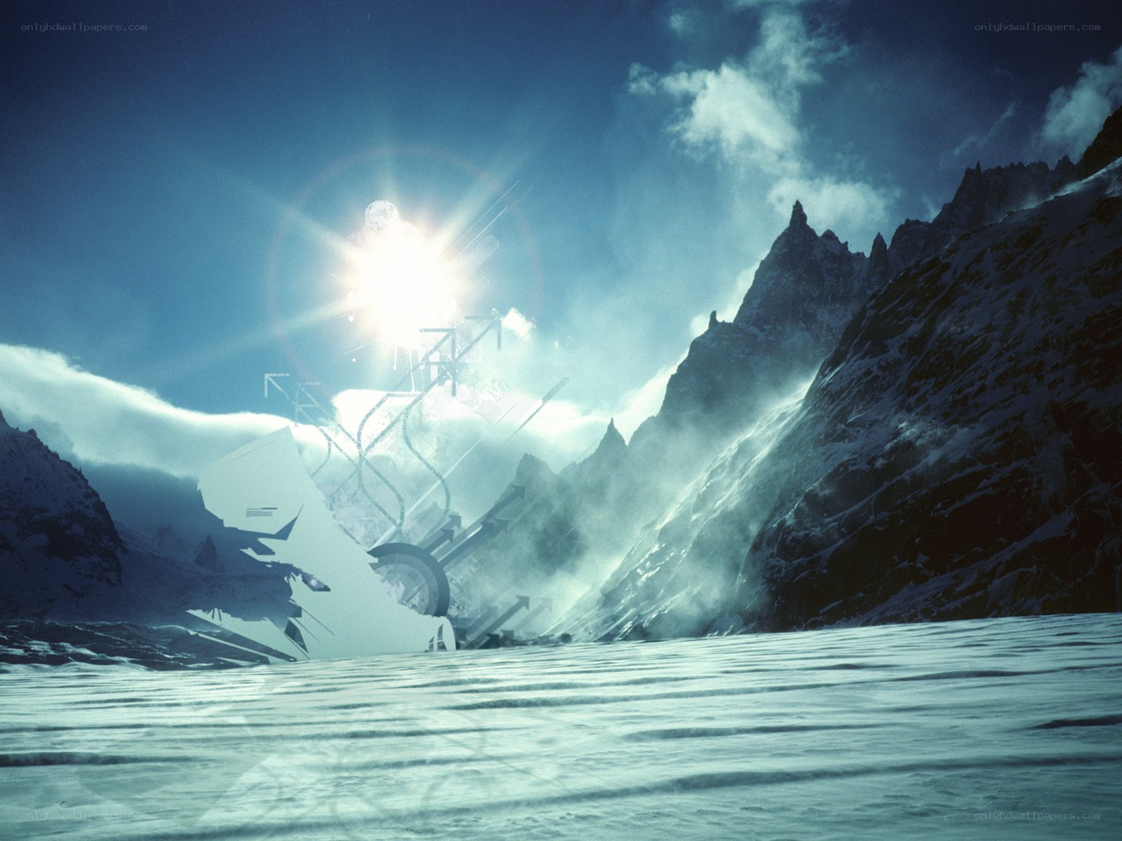 Snowy mountain landscape with sun